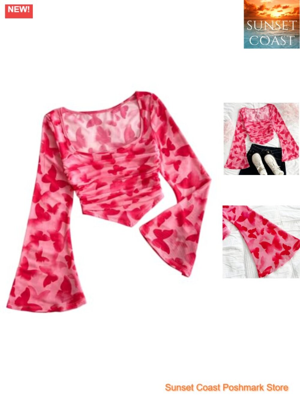 Square Neck Mesh Bell Long Sleeve Crop Top Butterfly Print Ruched